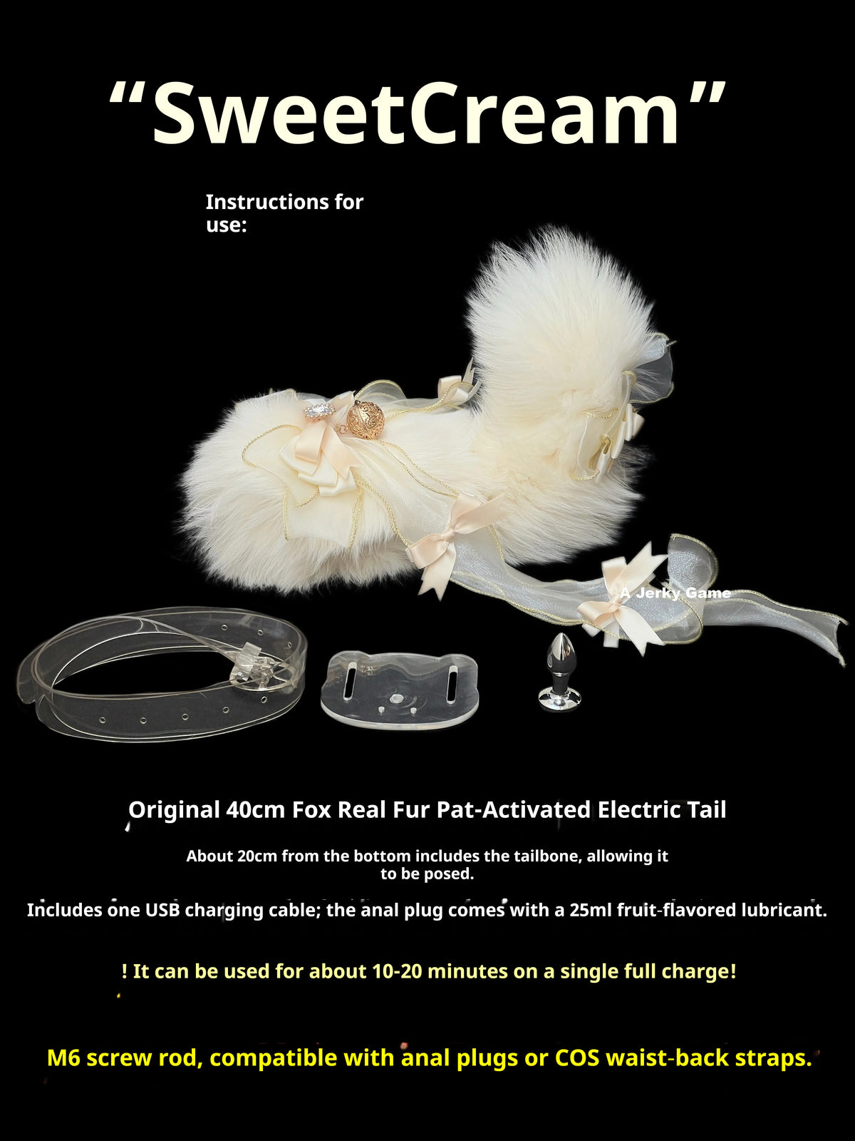 Sweet Cream Voice Actuated Pat Electric Fox Tail SM Sexy Anal Plug Bow Bell Ring