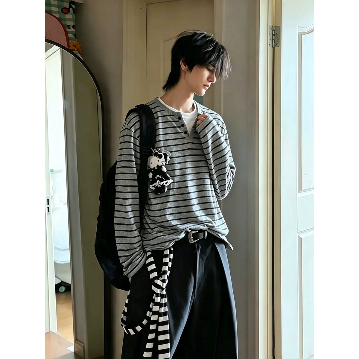 American contrasting fake two-piece striped long-sleeved t-shirt men's autumn trendy brand Henry neck sweater, loose bottoming shirt