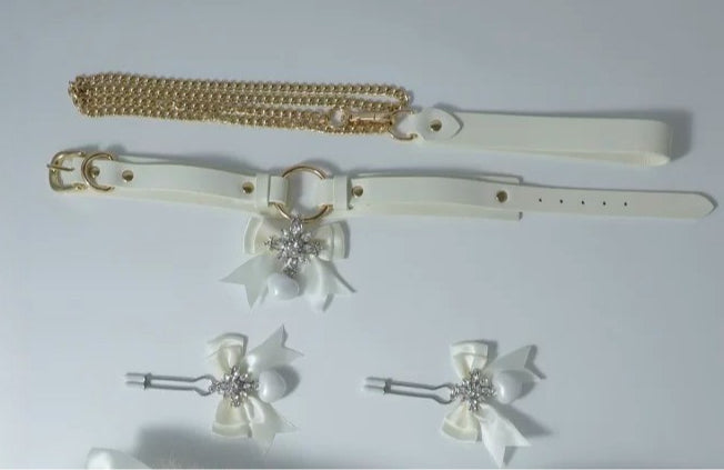 "Snow Goblin" Cowhide Milk White Collar Fox Tail Clip Set