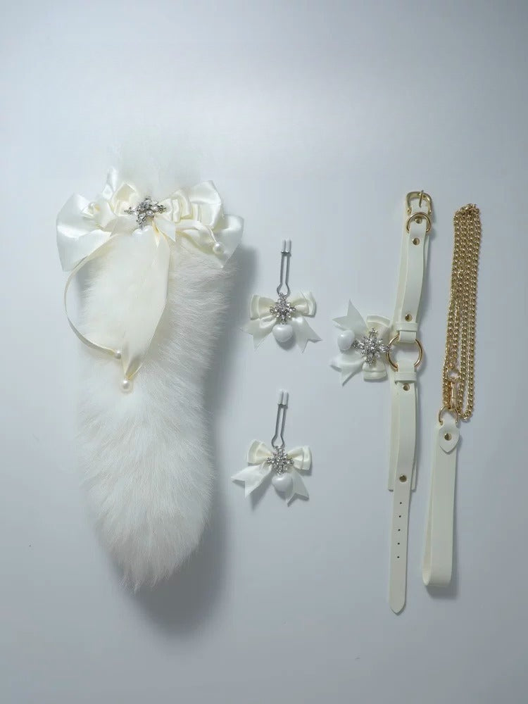 "Snow Goblin" Cowhide Milk White Collar Fox Tail Clip Set