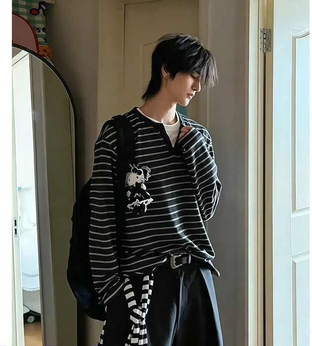 American contrasting fake two-piece striped long-sleeved t-shirt men's autumn trendy brand Henry neck sweater, loose bottoming shirt