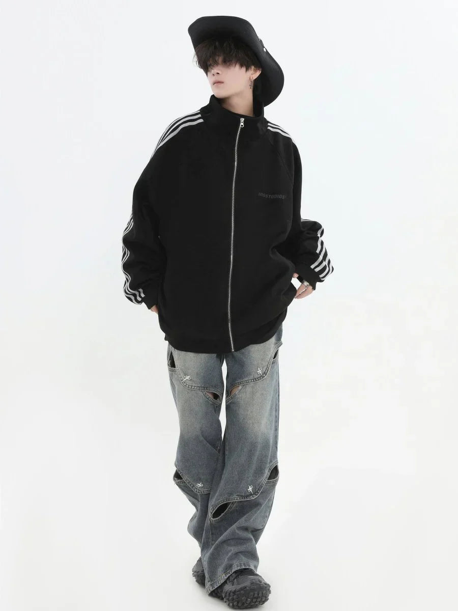 [INSstudios] STRIPED CASUAL ZIPPER JACKET ST1196