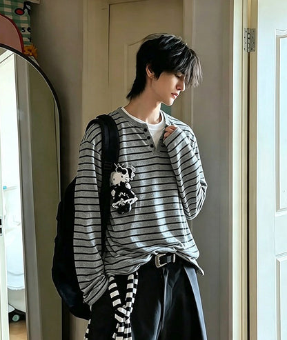 American contrasting fake two-piece striped long-sleeved t-shirt men's autumn trendy brand Henry neck sweater, loose bottoming shirt