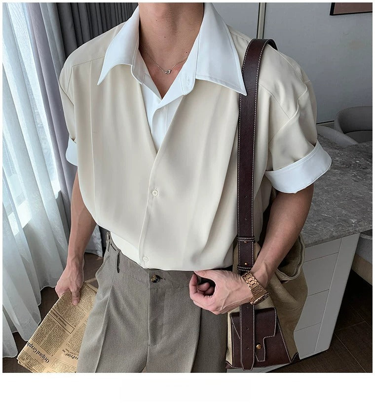 Very fairy men's casual men's summer short-sleeved shirt fake two pieces non-ironing anti-wrinkle shirt loose top