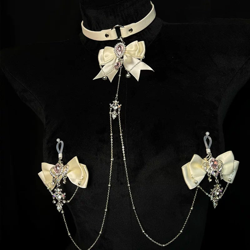 "Pink Mist Dream" Cowhide Collar Breast Chain Clip Set Niche Ornament