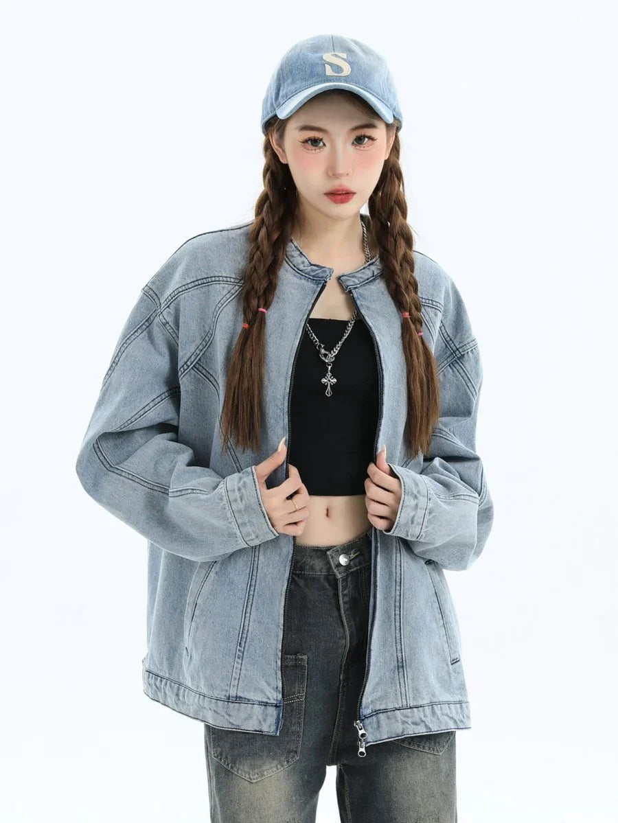 [INSstudios] WASHED DENIM JACKET ZIPPER ST1064