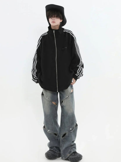 [INSstudios] STRIPED CASUAL ZIPPER JACKET ST1196