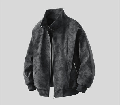 Jacket men's and women's spring and autumn new American retro stand-up collar loose Maillard washed cotton leather jacket