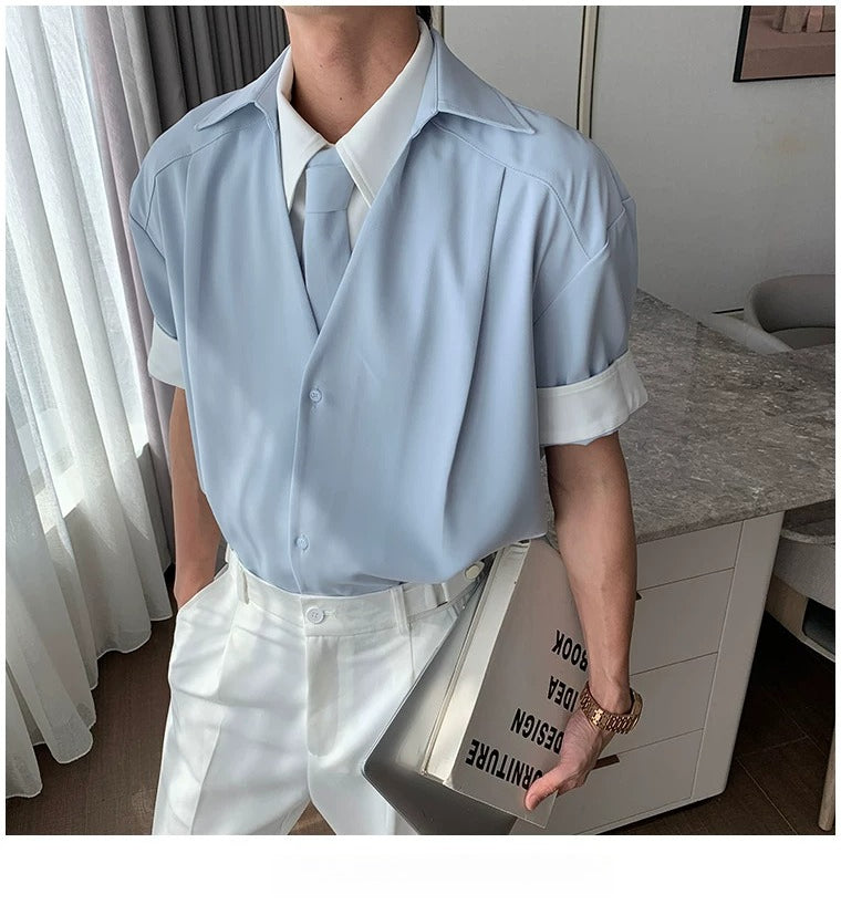 Very fairy men's casual men's summer short-sleeved shirt fake two pieces non-ironing anti-wrinkle shirt loose top