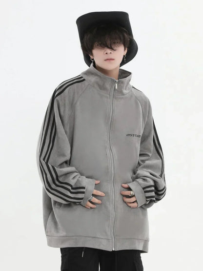 [INSstudios] STRIPED CASUAL ZIPPER JACKET ST1196