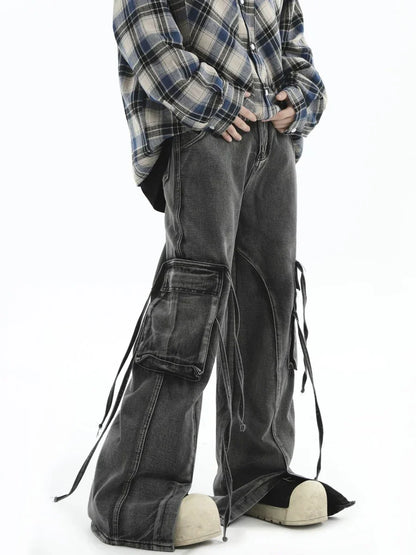 [INSstudios] MULTI-POCKET LOOSE STRAIGHT LONG JEANS ST1210