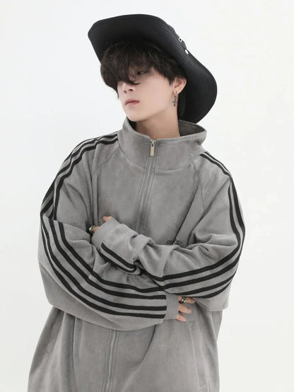 [INSstudios] STRIPED CASUAL ZIPPER JACKET ST1196
