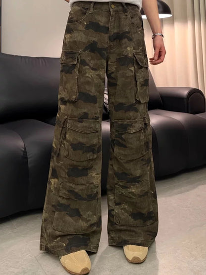 American retro camouflage multi-pocket design overalls men's and women's same versatile comfortable trousers