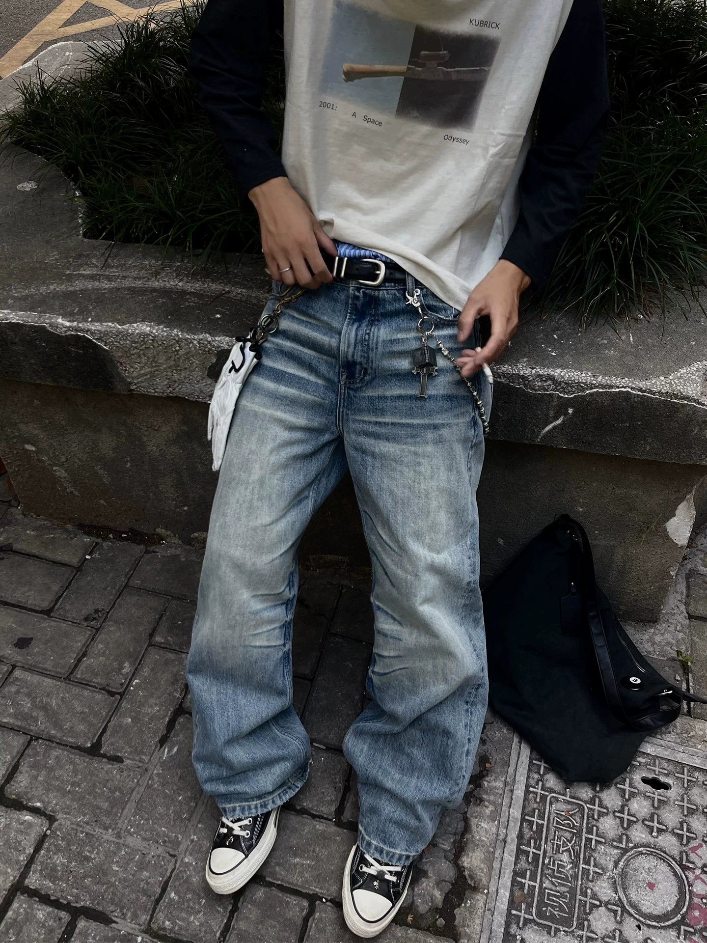 American retro A-shaped heavy-duty washed cat whisker jeans men's and women's straight loose wide-leg trendy casual pants