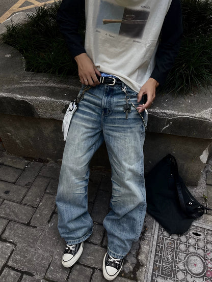 American retro A-shaped heavy-duty washed cat whisker jeans men's and women's straight loose wide-leg trendy casual pants