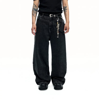 Washed straight trousers structure fly bag embroidery clean cut denim trousers