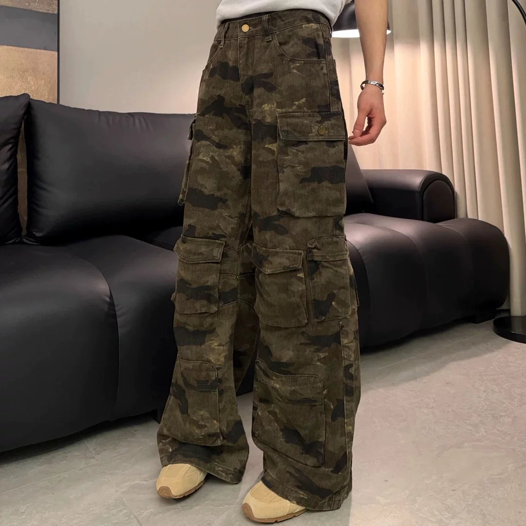 American retro camouflage multi-pocket design overalls men's and women's same versatile comfortable trousers