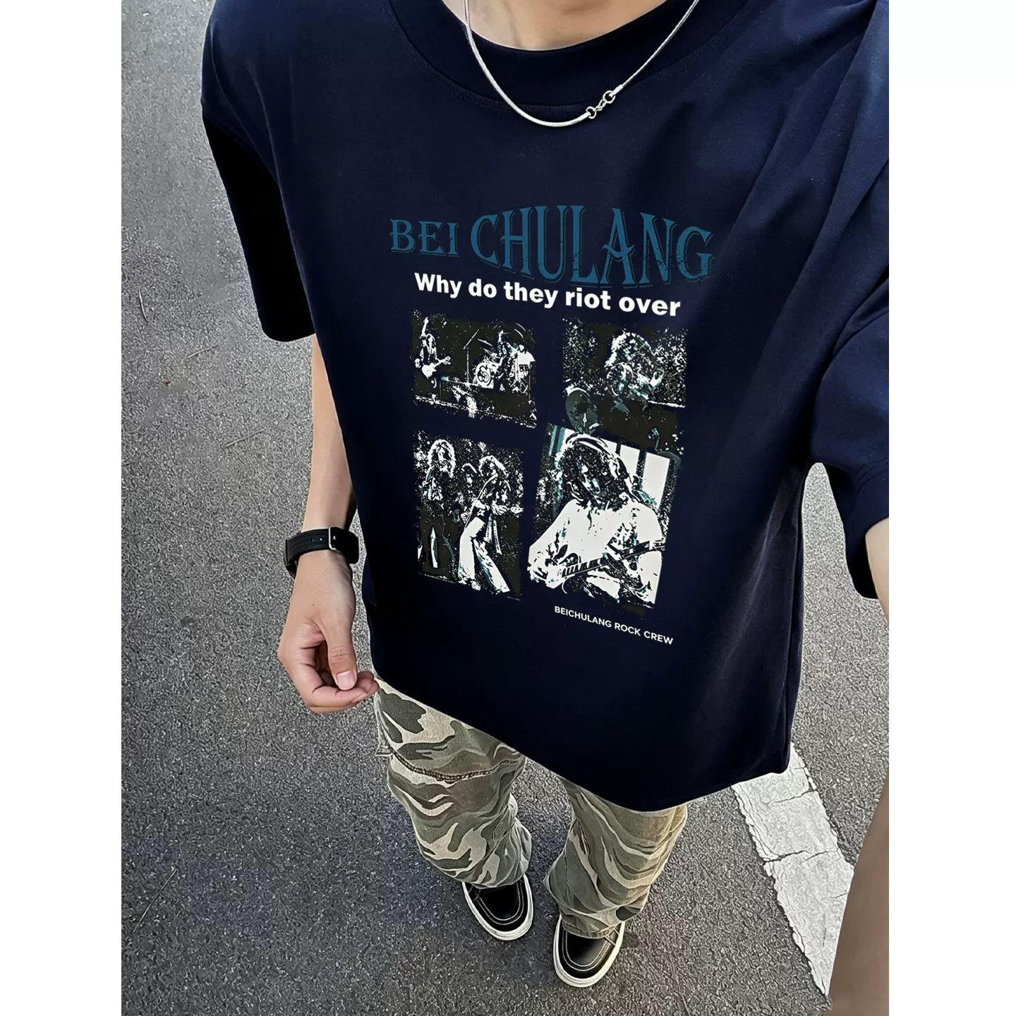 American retro rock band print short-sleeved T-shirt men's loose teen high street trendy brand front shoulder half-sleeved top