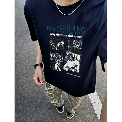 American retro rock band print short-sleeved T-shirt men's loose teen high street trendy brand front shoulder half-sleeved top