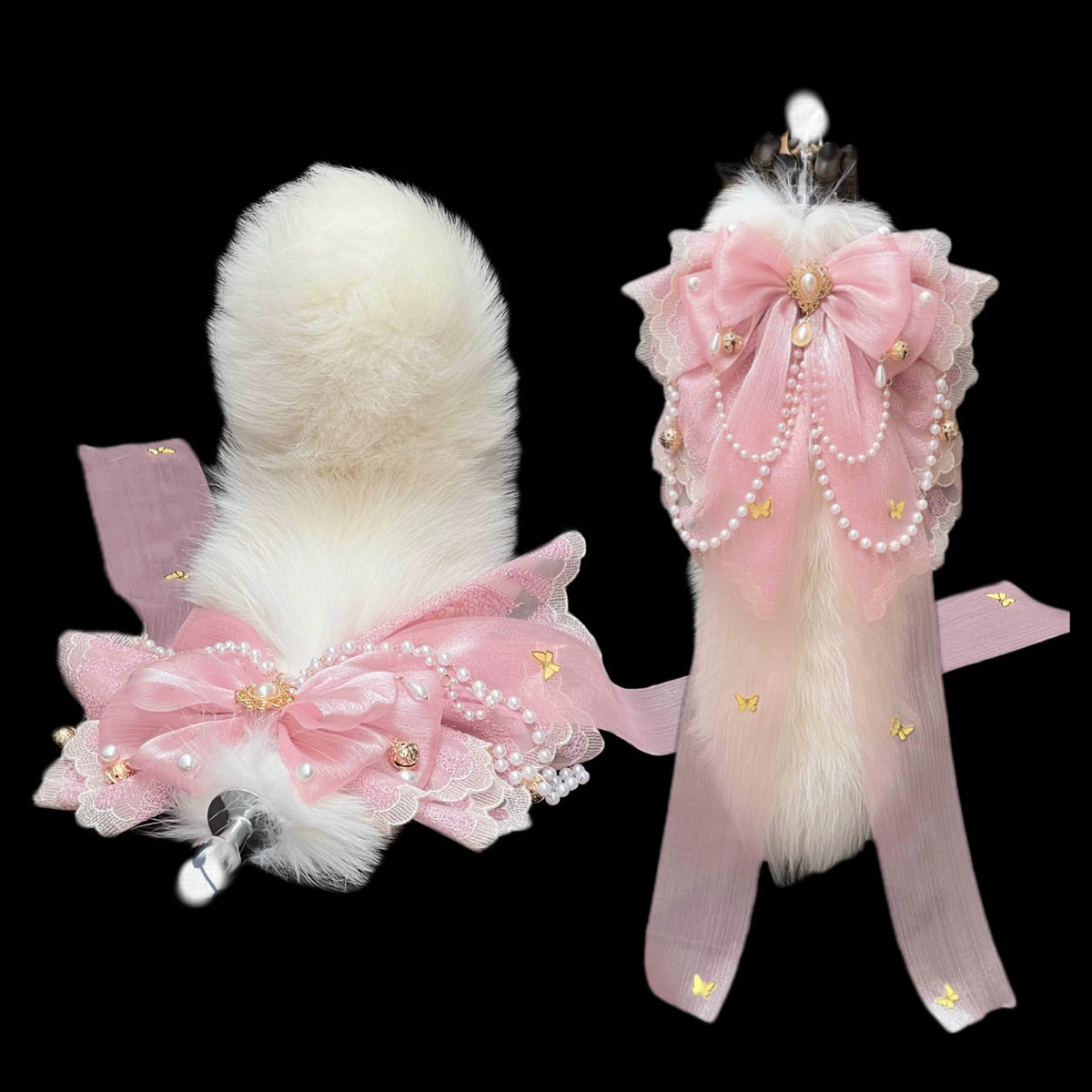 40Cm real fox fur tail bow bell removable plug cosplay props