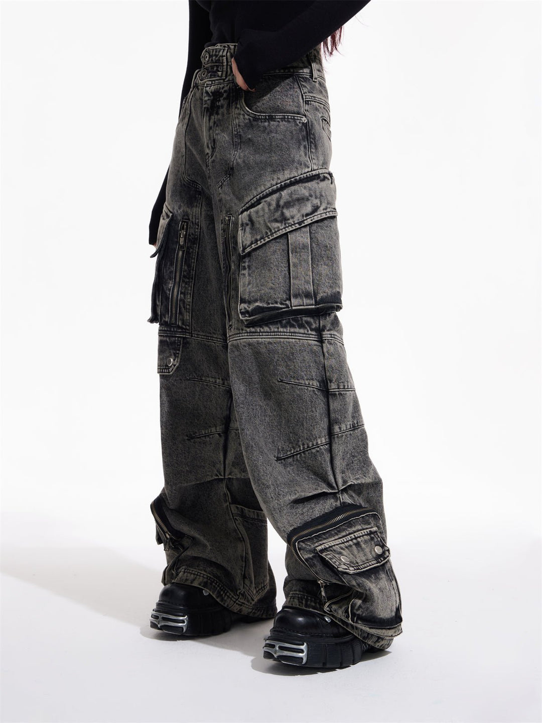[PEOPLESTYLE] Multi-pocket wide leg casual jeans st2096