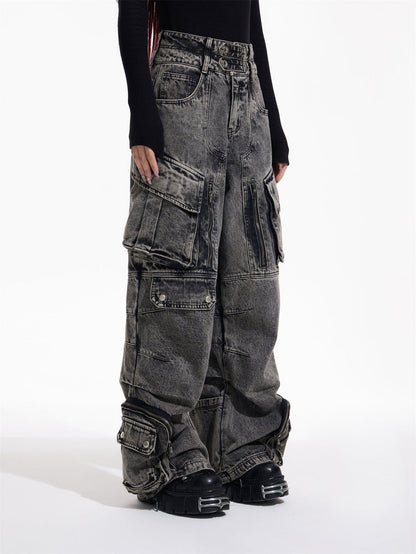 [PEOPLESTYLE] Multi-pocket wide leg casual jeans st2096