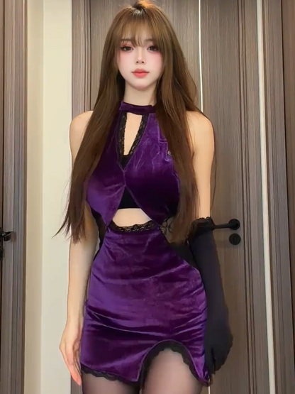 Spice girl retro sexy purple lace splicing hollow neck dress summer pure want to show figure hip skirt