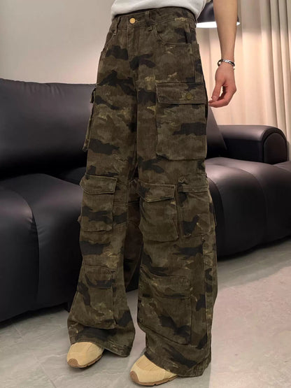 American retro camouflage multi-pocket design overalls men's and women's same versatile comfortable trousers