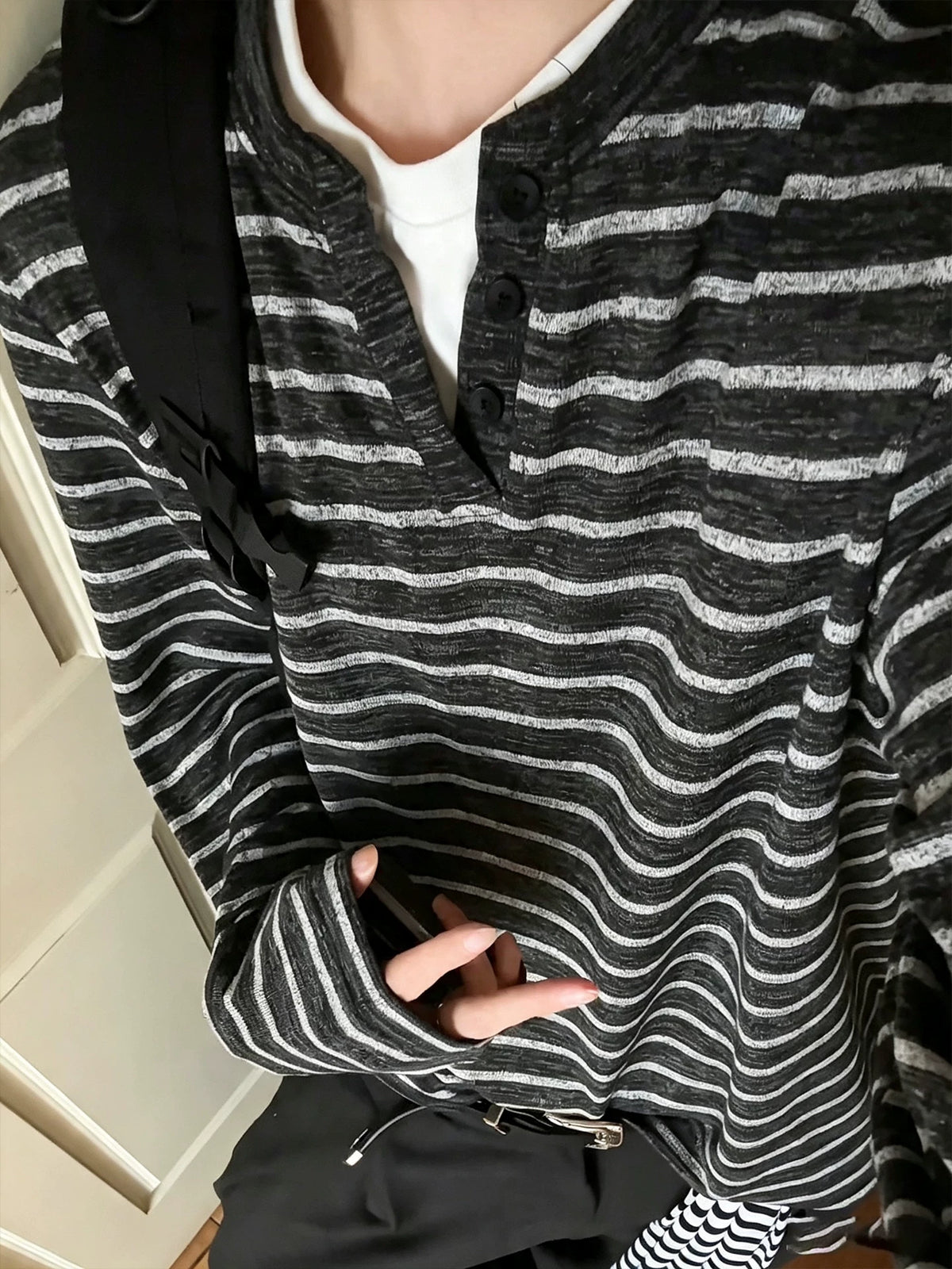 American contrasting fake two-piece striped long-sleeved t-shirt men's autumn trendy brand Henry neck sweater, loose bottoming shirt