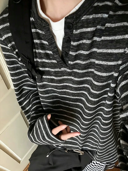 American contrasting fake two-piece striped long-sleeved t-shirt men's autumn trendy brand Henry neck sweater, loose bottoming shirt