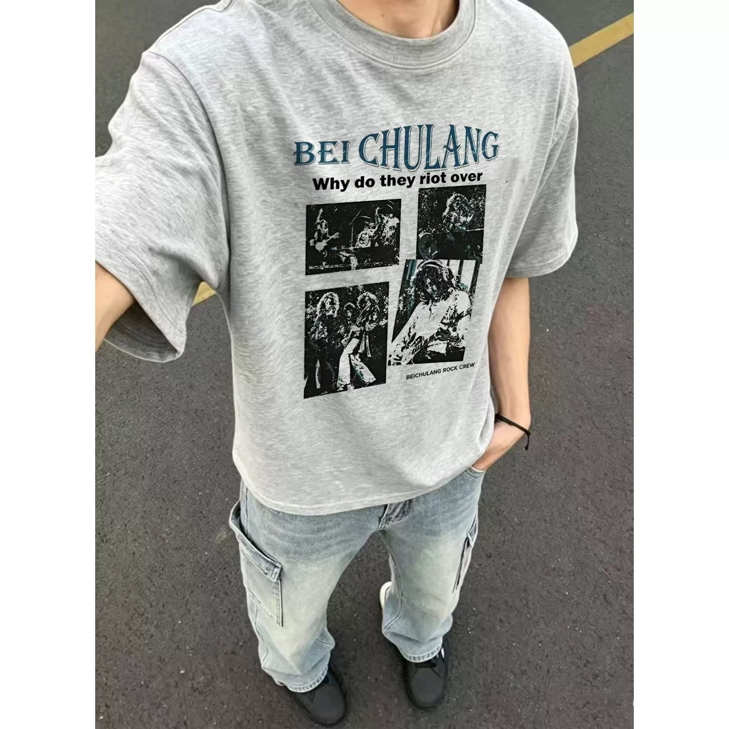 American retro rock band print short-sleeved T-shirt men's loose teen high street trendy brand front shoulder half-sleeved top
