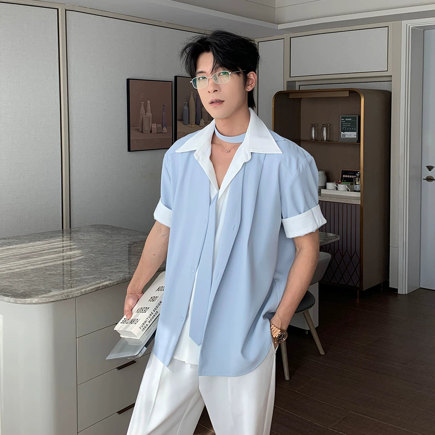 Very fairy men's casual men's summer short-sleeved shirt fake two pieces non-ironing anti-wrinkle shirt loose top