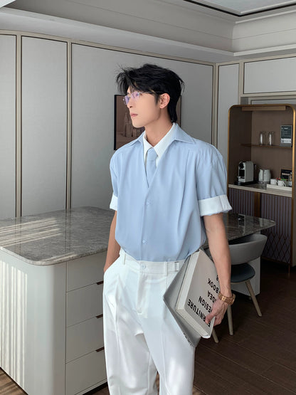 Very fairy men's casual men's summer short-sleeved shirt fake two pieces non-ironing anti-wrinkle shirt loose top