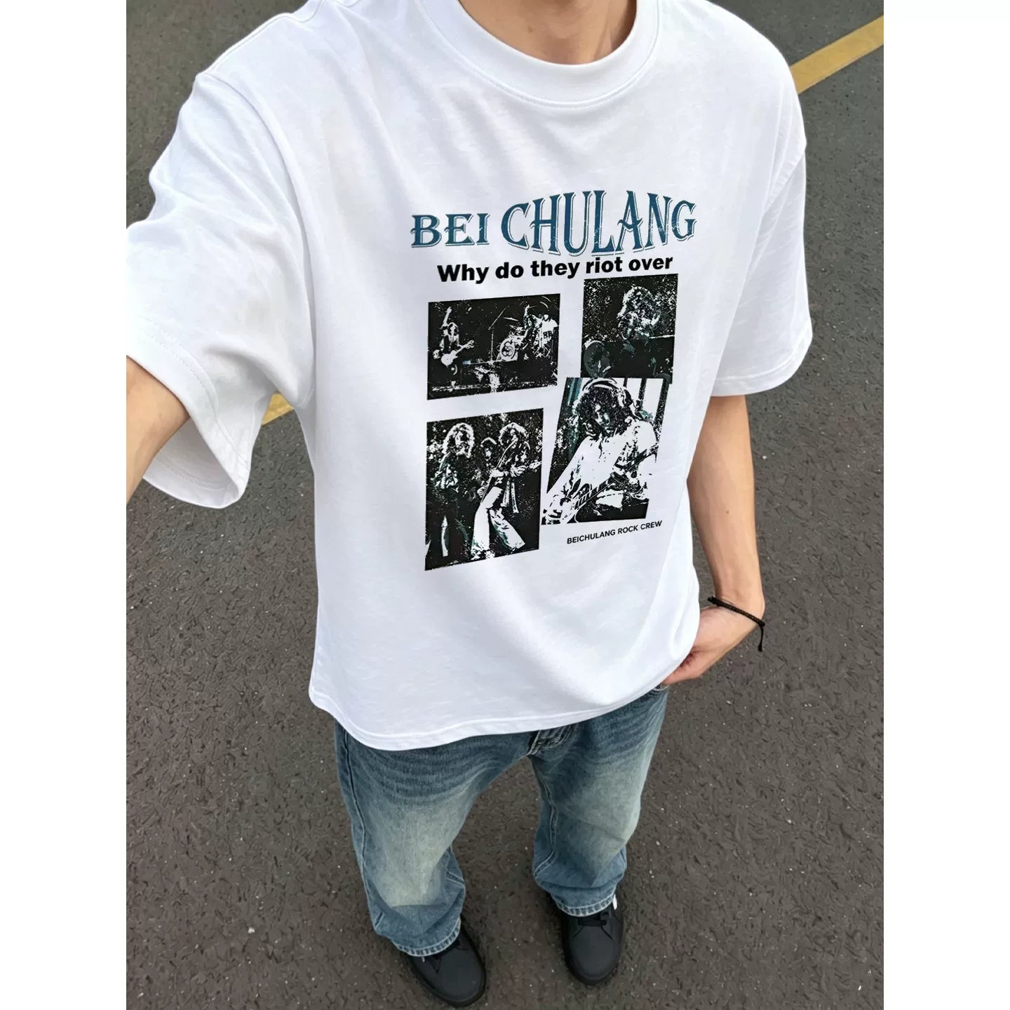 American retro rock band print short-sleeved T-shirt men's loose teen high street trendy brand front shoulder half-sleeved top