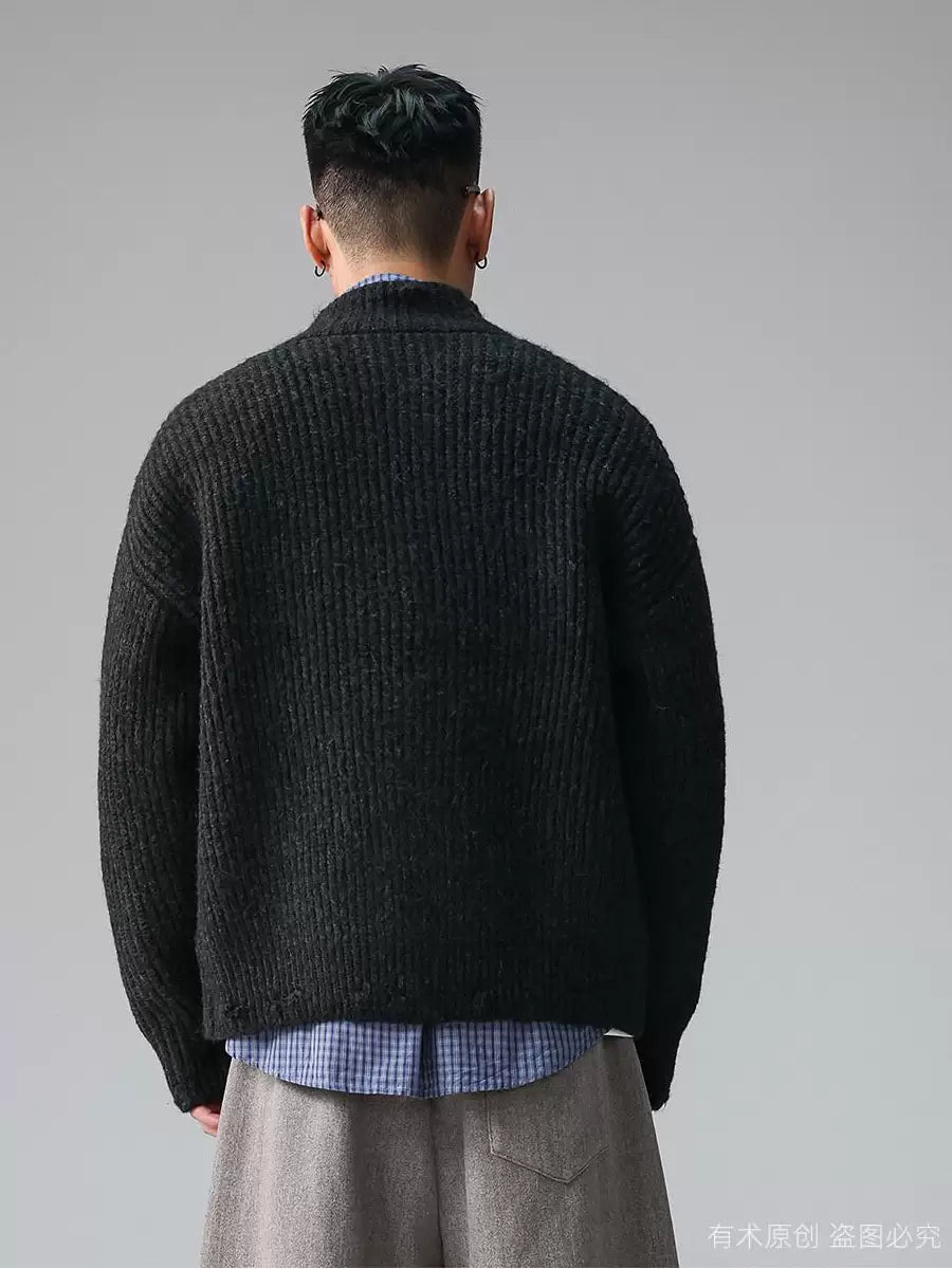Old Qian Feng stand-up collar with wool sweater men's cardigan 2026 autumn new trendy brand knitted sweater jacket trendy brand