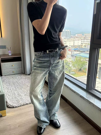 American retro A-shaped heavy-duty washed cat whisker jeans men's and women's straight loose wide-leg trendy casual pants