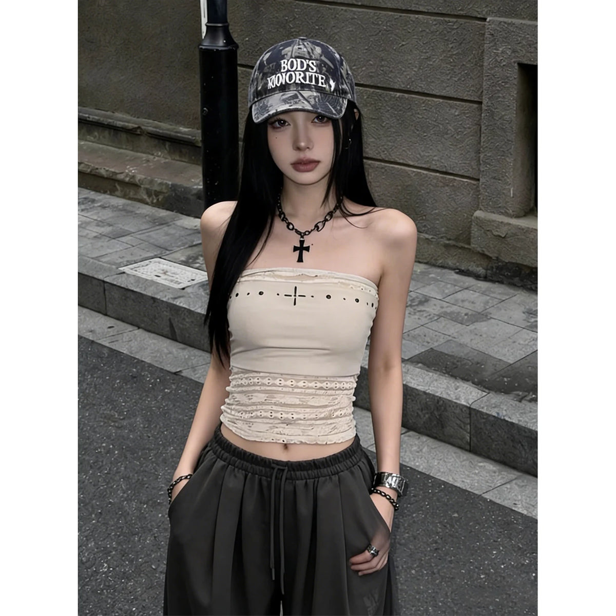 Black ironing nail lace tube top, sling women's summer outer wear, Spice girl stacking beautiful back chest wrap two-piece set top
