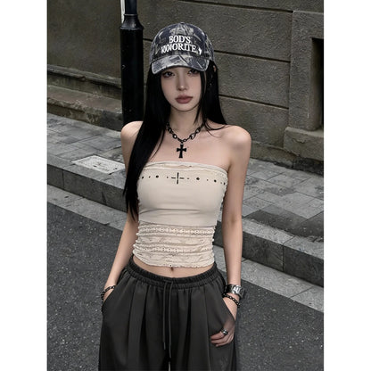 Black ironing nail lace tube top, sling women's summer outer wear, Spice girl stacking beautiful back chest wrap two-piece set top
