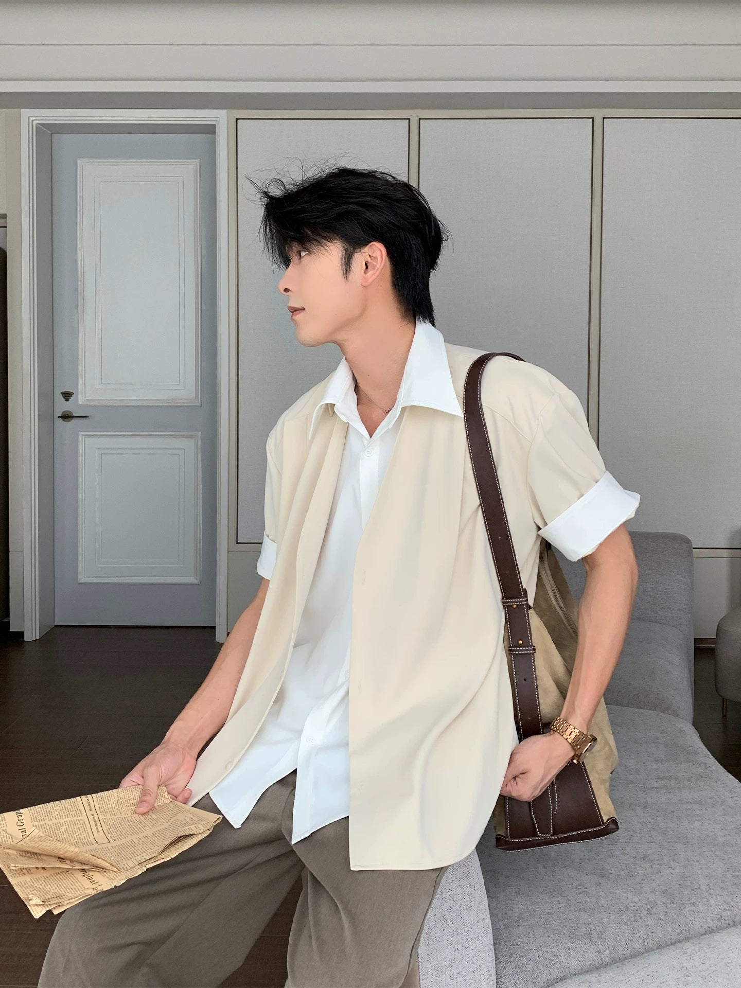Very fairy men's casual men's summer short-sleeved shirt fake two pieces non-ironing anti-wrinkle shirt loose top