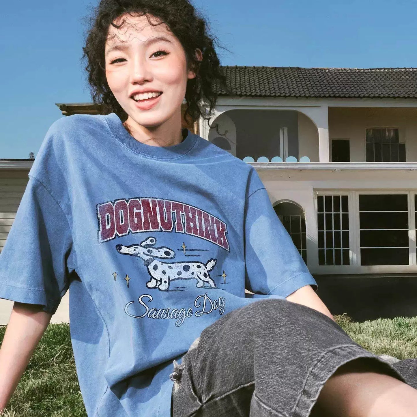 American retro trendy brand washed old letter puppy short-sleeved shirt for men and women loose spring and summer 2026