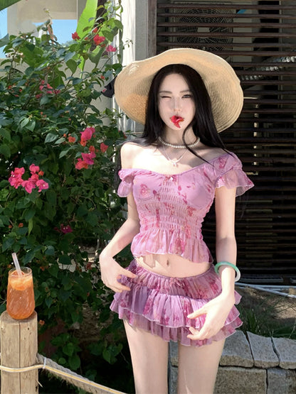 Island dopamine beautiful small suit women's summer seaside ootd wear holiday floral skirt two-piece set