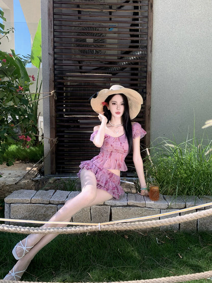 Island dopamine beautiful small suit women's summer seaside ootd wear holiday floral skirt two-piece set