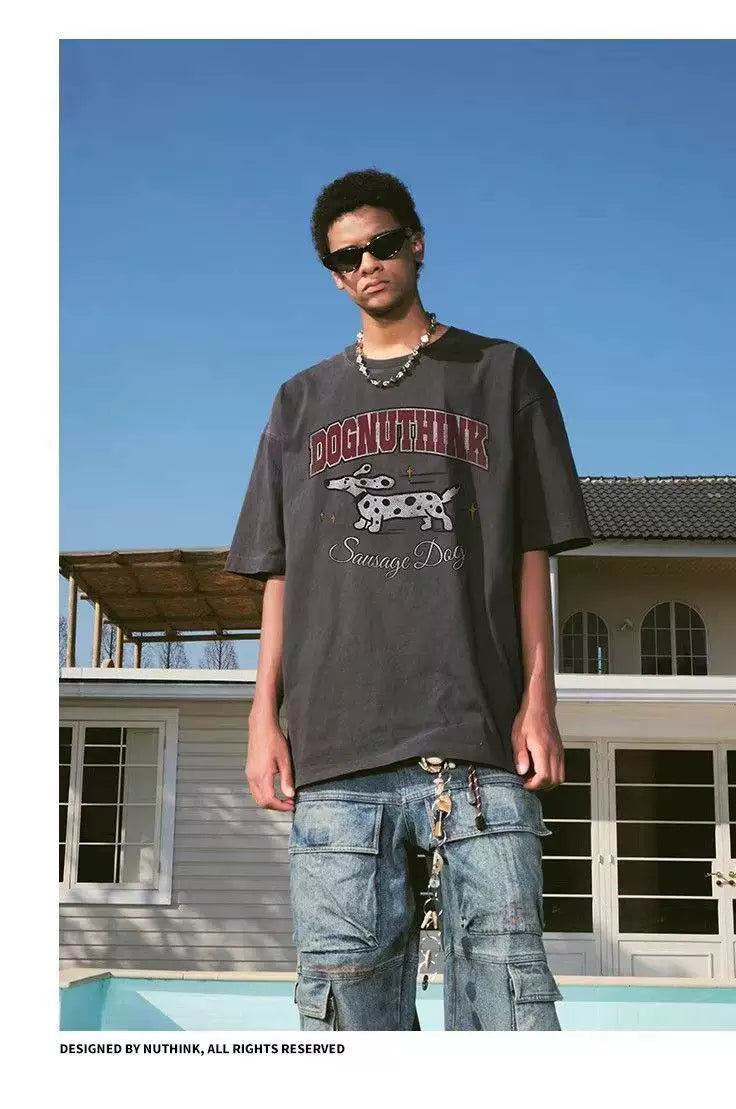 American retro trendy brand washed old letter puppy short-sleeved shirt for men and women loose spring and summer 2026