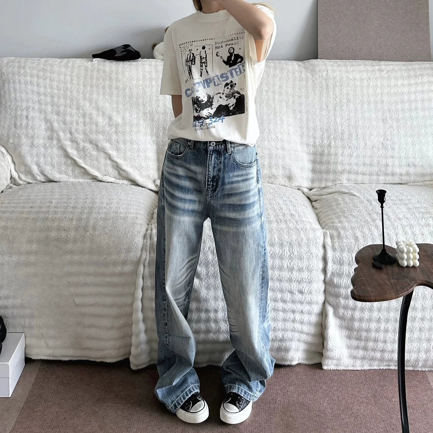 American retro A-shaped heavy-duty washed cat whisker jeans men's and women's straight loose wide-leg trendy casual pants