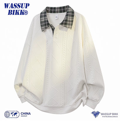 Plaid splicing POLO shirt sweater men's spring and autumn casual loose lapel long-sleeved top