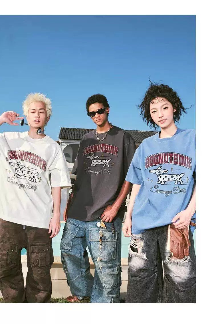 American retro trendy brand washed old letter puppy short-sleeved shirt for men and women loose spring and summer 2026