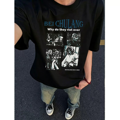 American retro rock band print short-sleeved T-shirt men's loose teen high street trendy brand front shoulder half-sleeved top