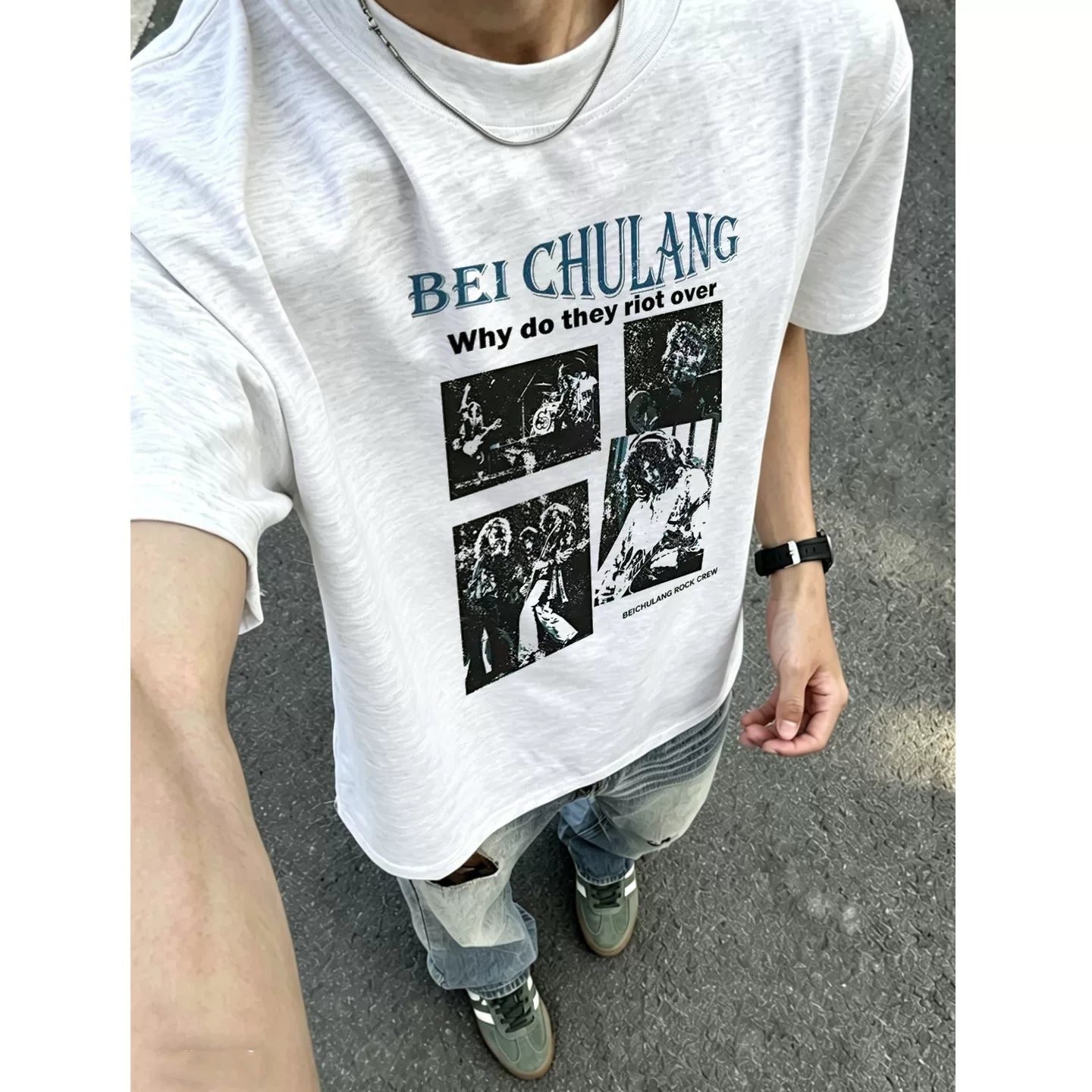 American retro rock band print short-sleeved T-shirt men's loose teen high street trendy brand front shoulder half-sleeved top