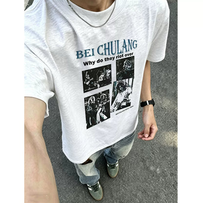 American retro rock band print short-sleeved T-shirt men's loose teen high street trendy brand front shoulder half-sleeved top