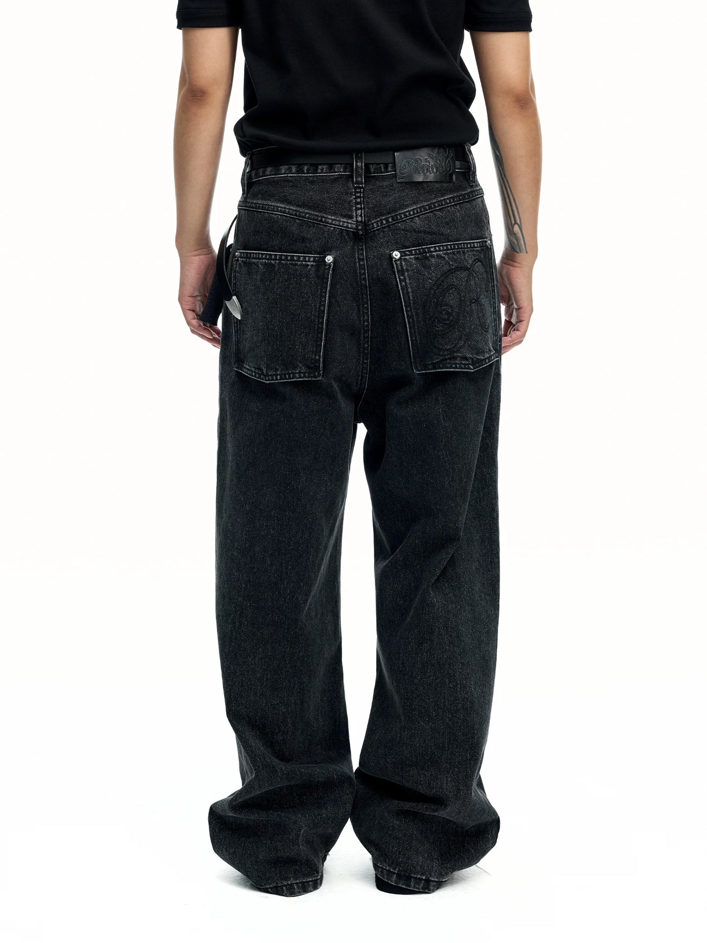 Washed straight trousers structure fly bag embroidery clean cut denim trousers